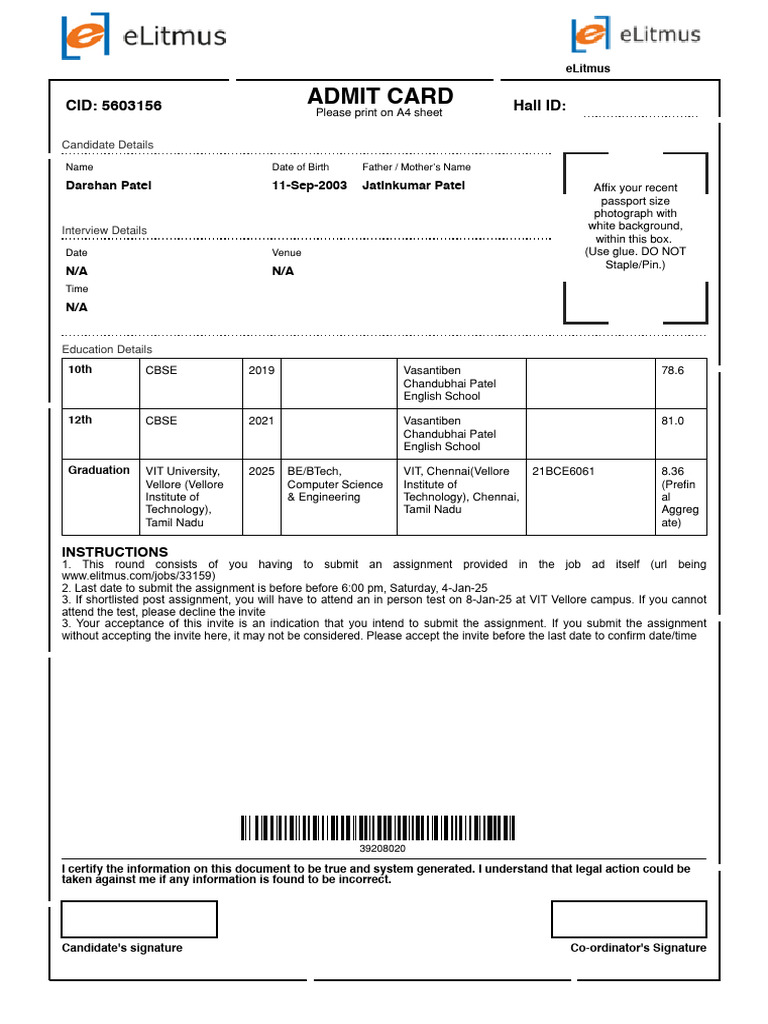 eLitmus Admit Card for Darshan Patel | PDF | Document | Applications Of ...