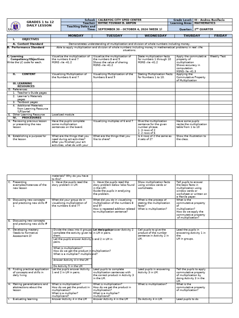 Grade 3 Math Lesson Plan: Multiplication | PDF | Multiplication ...