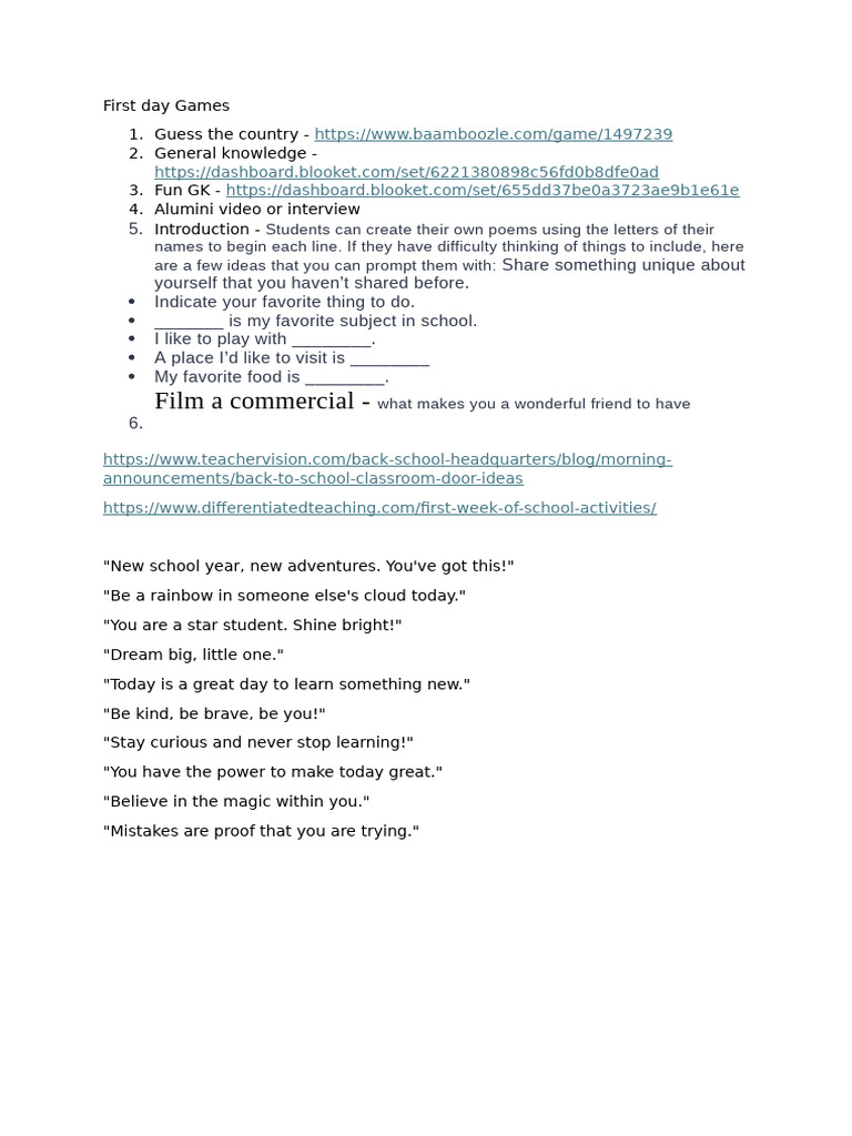 First day Games | PDF