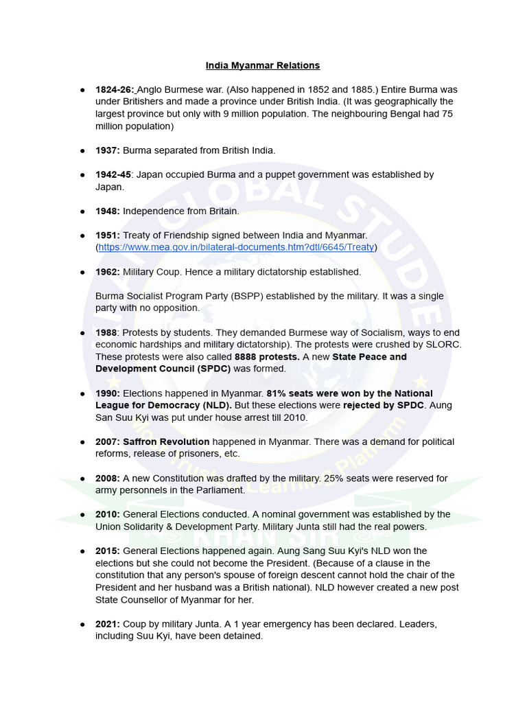 India Myanmar Relation Notes - 7900196226 | PDF | Rohingya People | Myanmar