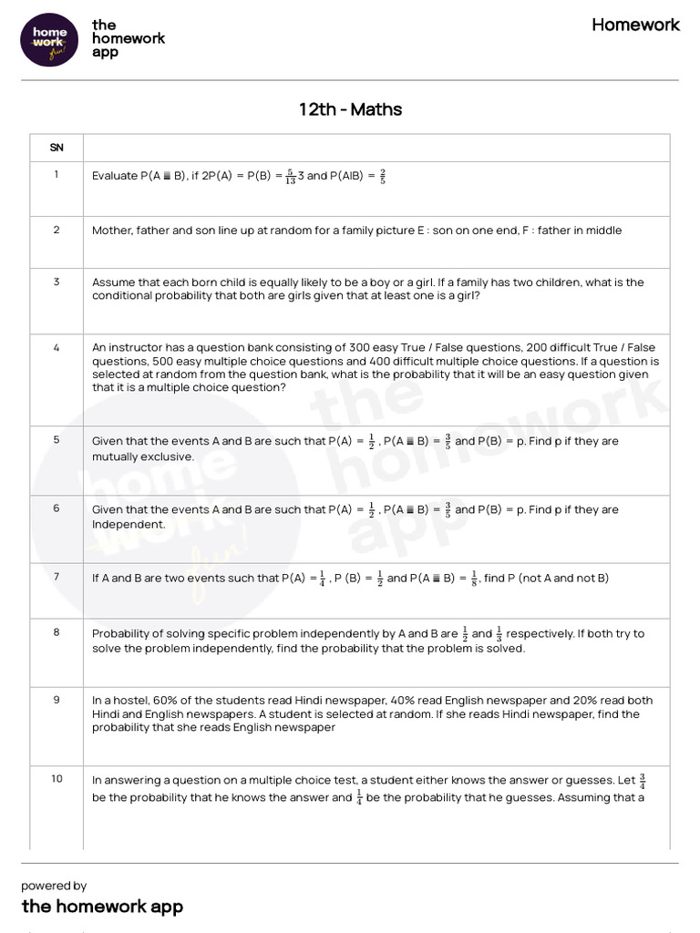 Questions - Homework - 12th - Maths - 2024-12-25T1333 | PDF | Variance ...