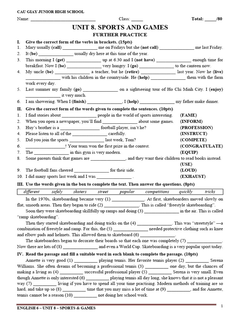 English 6 Unit 8: Sports & Games Practice | PDF | Roger Federer ...