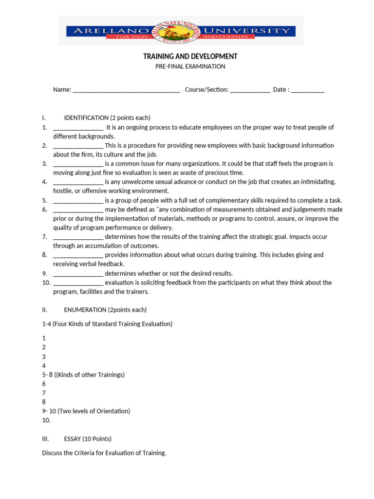 Pre-Final - Exam - Training Devt | PDF