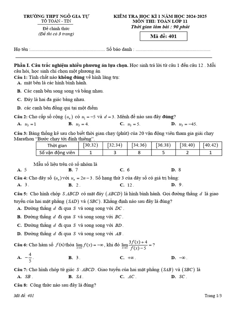 De Cuoi Hoc Ky 1 Toan 11 Nam 2024 2025 Truong THPT Ngo Gia Tu Dak Lak | PDF