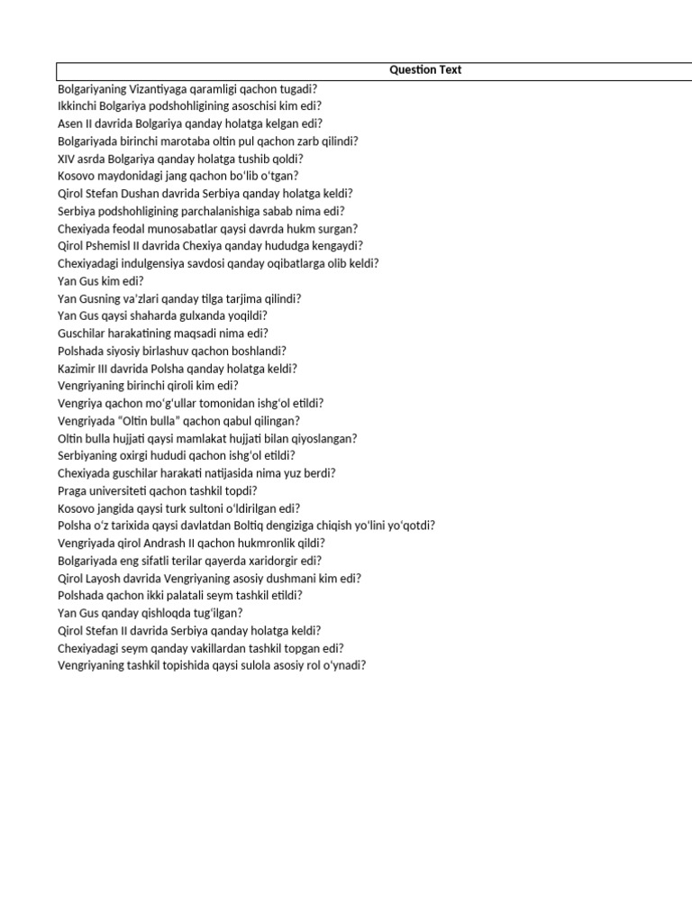 Sharqiy Yevropa Tarixi Savollari | PDF