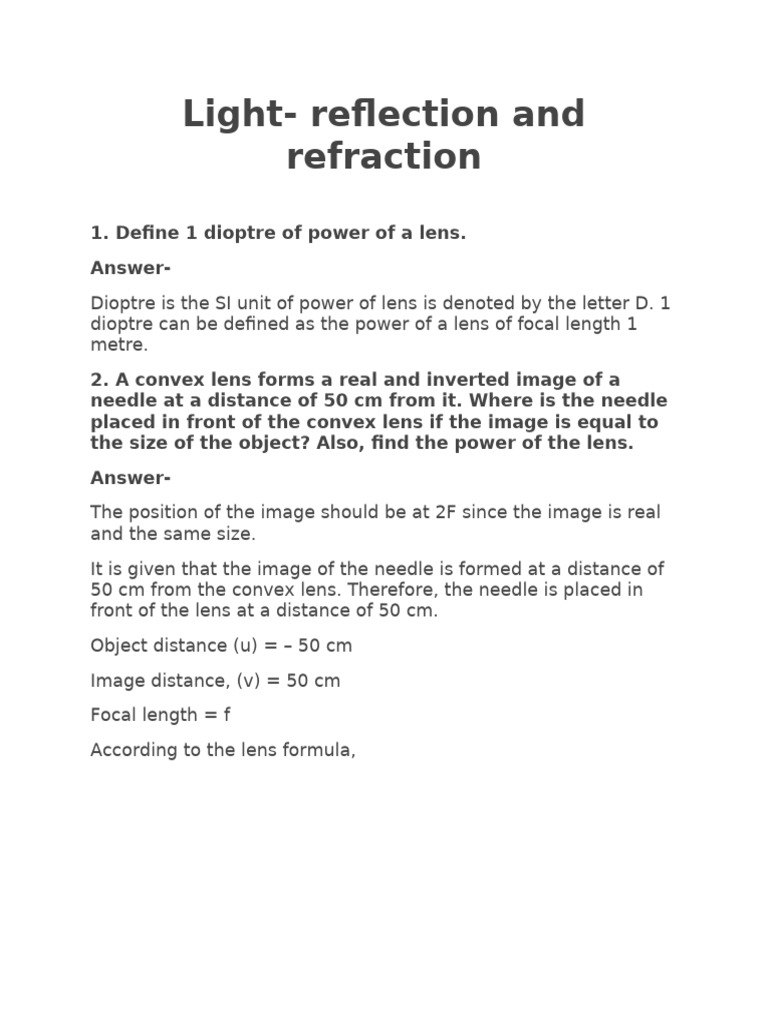 Class 10 Physics: Light Questions PDF | PDF | Optics | Mirror