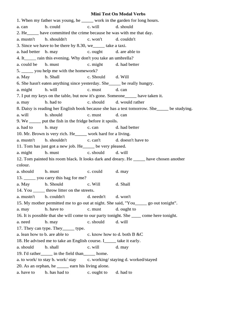 Modal Verbs Mini Test Pdf