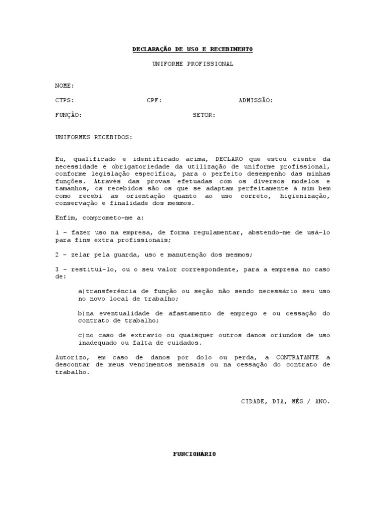 MODELOS - RH - DECLARAÇÃO DE USO E RECEBIMENTO DE UNIFORME