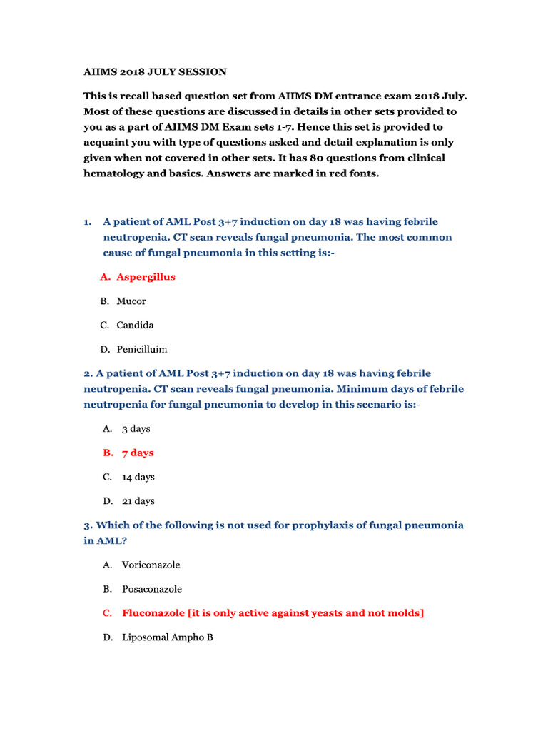 AIIMS DM Clinical Hematology July 2018 (1) | PDF
