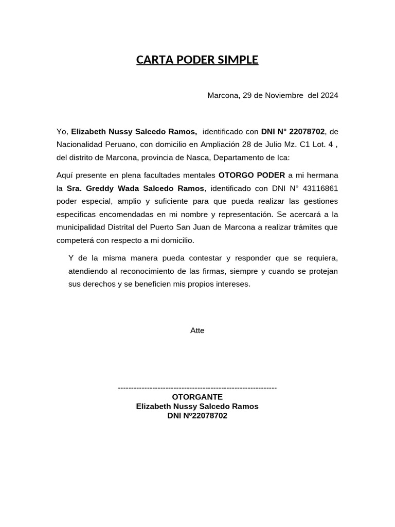 Carta Poder Simple para Trámites Municipales | PDF
