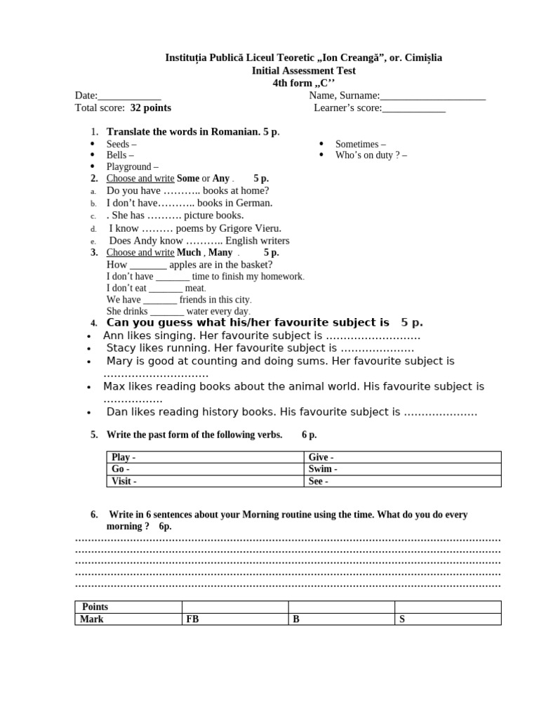 4th Grade Initial Assessment Test | PDF