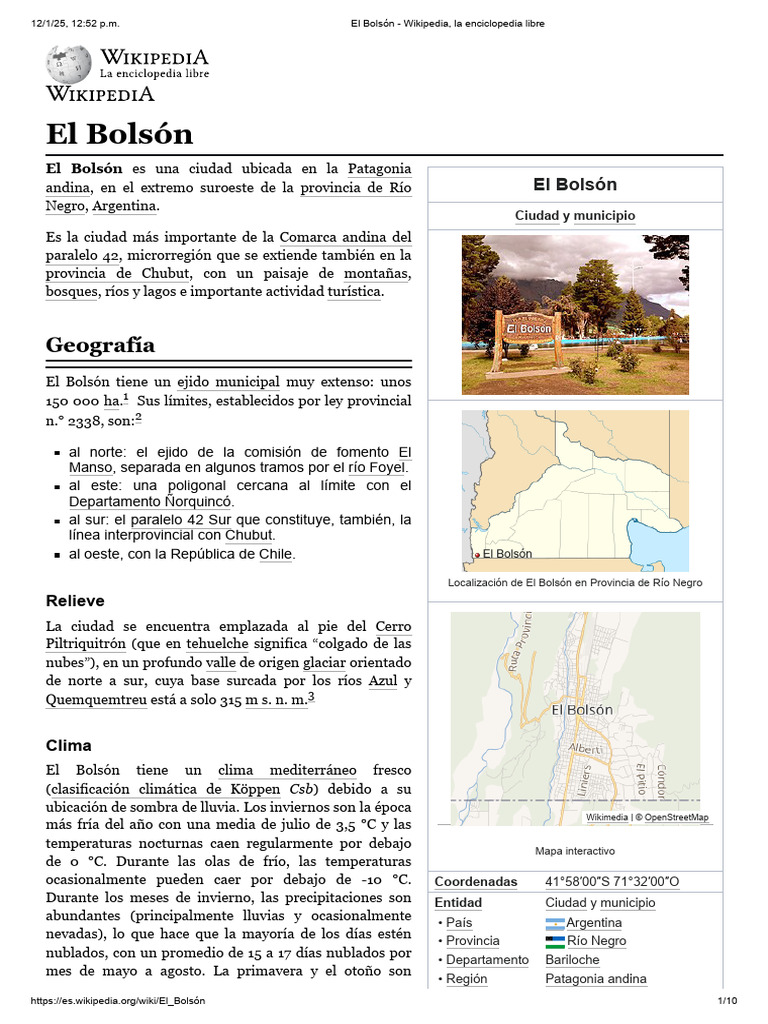 El Bolsón: Ubicación y Población | PDF
