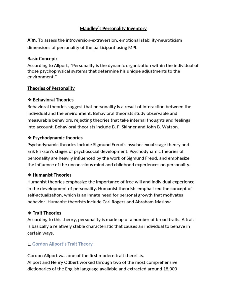 Maudleys Personality Inventory Test Practical | PDF | Extraversion And ...
