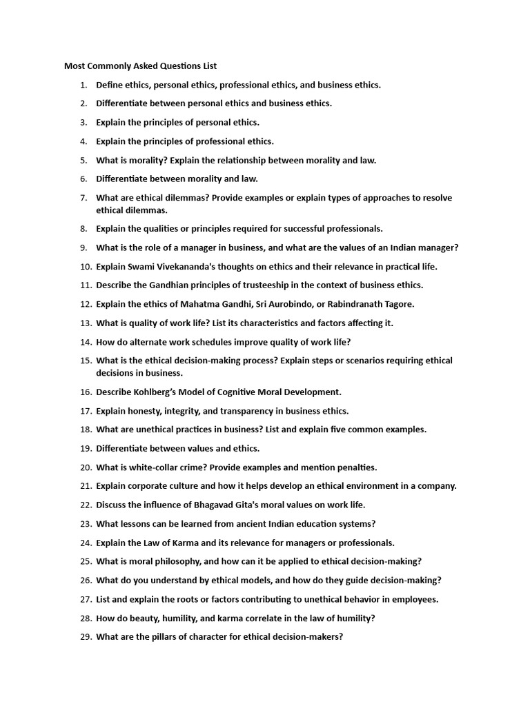 Most commonly asked questions list pdf business ethics morality