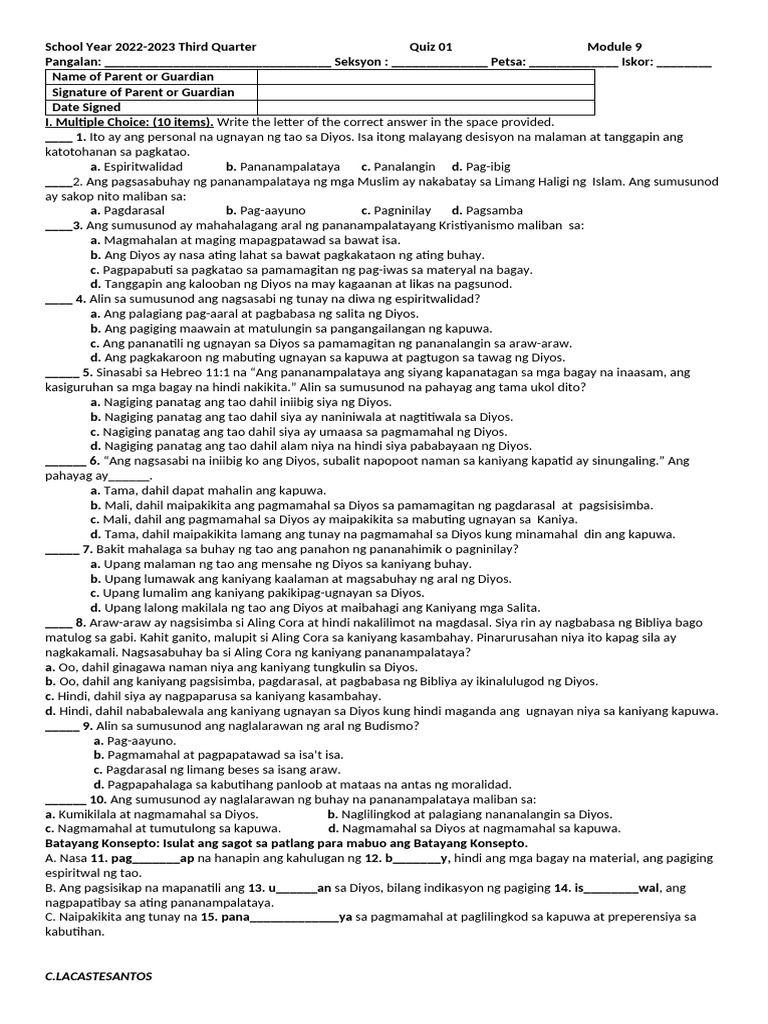 Quiz 01 On Module 9 MakaDiyos | PDF