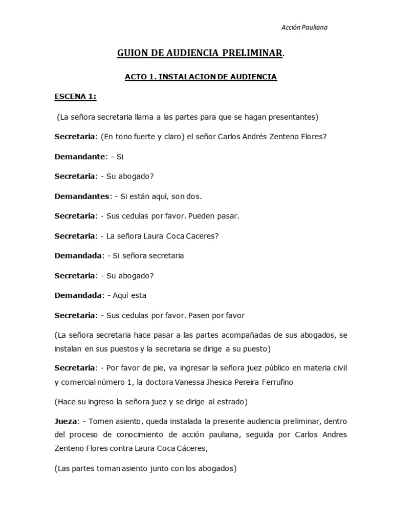 MODELO de Guion de Un Audiencia Preliminar y Complementario PDF