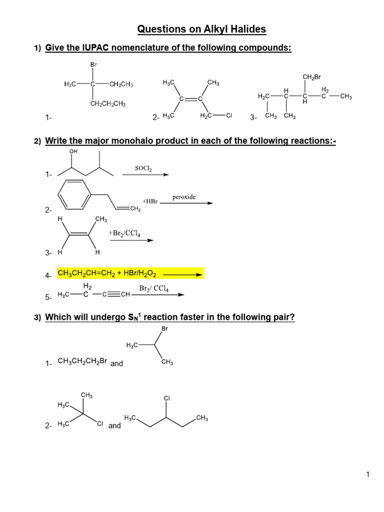 Tutorial On Alkyl Halides Corrected | PDF | Molecules | Chemical Substances