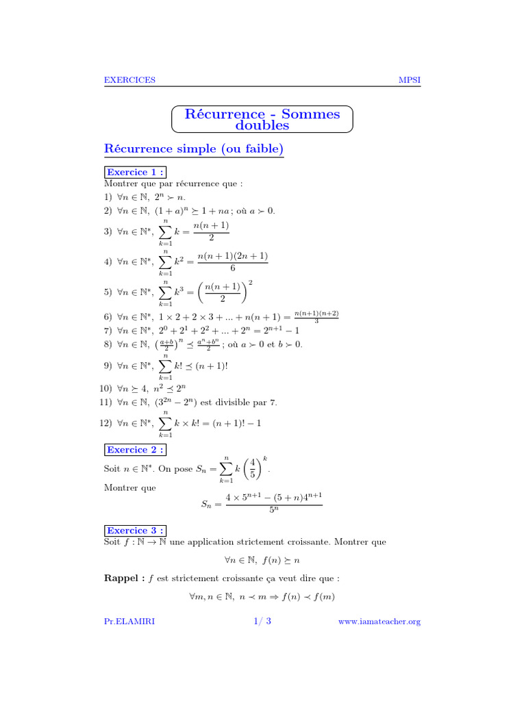 Exercices de Récurrence et Sommes | PDF