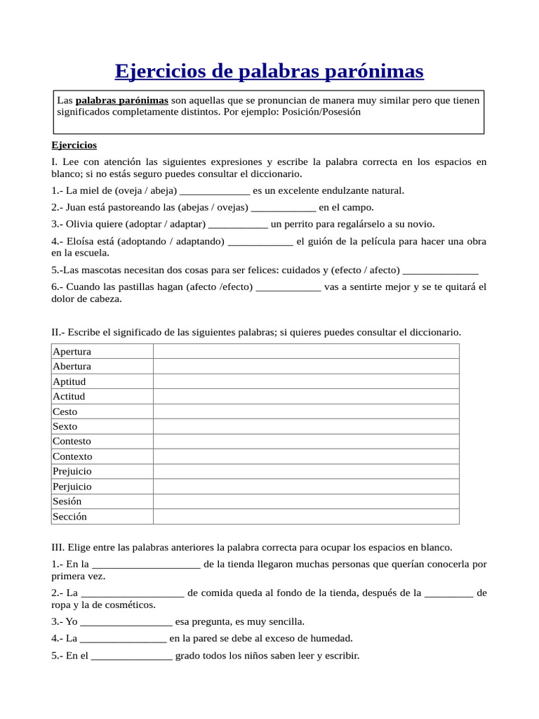 Ejercicios de palabras parónimas | PDF