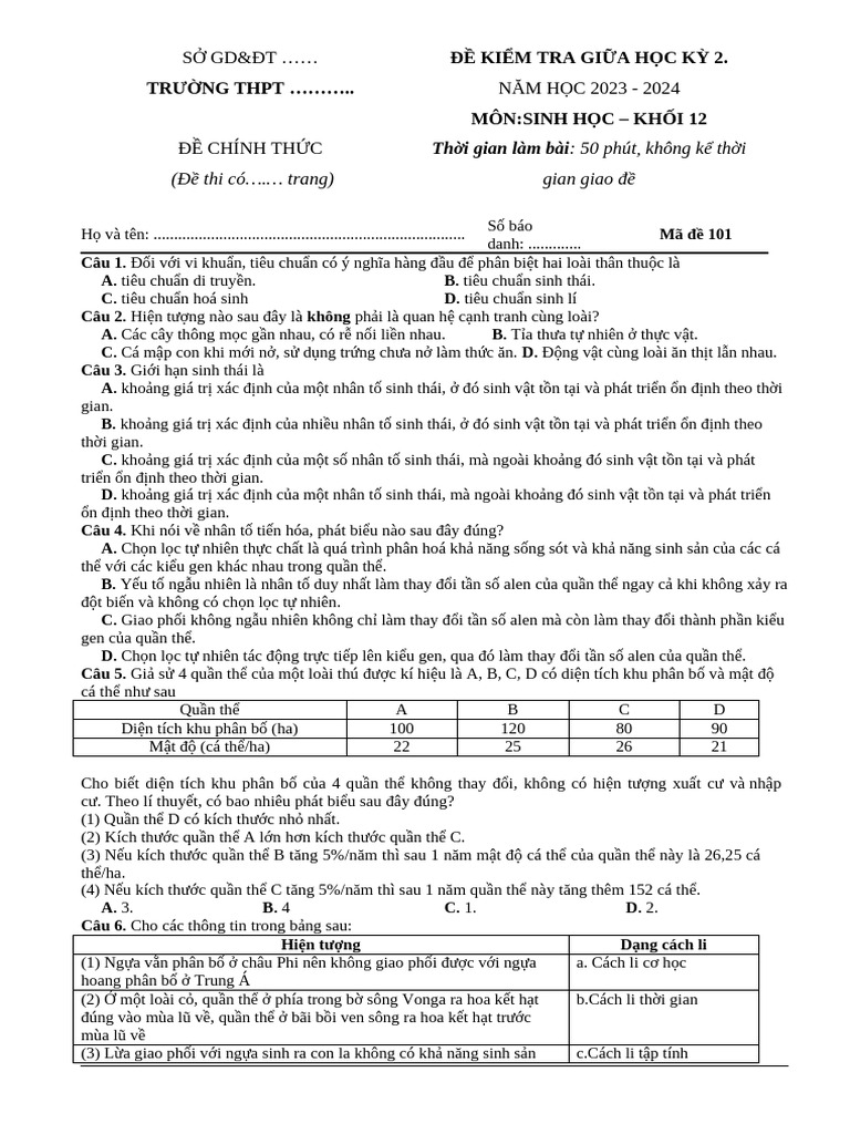 De Thi GK 2 Sinh Hoc 12 de 6 | PDF