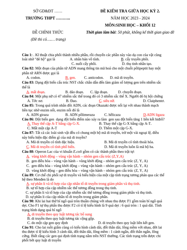 De Thi GK 2 Sinh Hoc 12 de 3 | PDF
