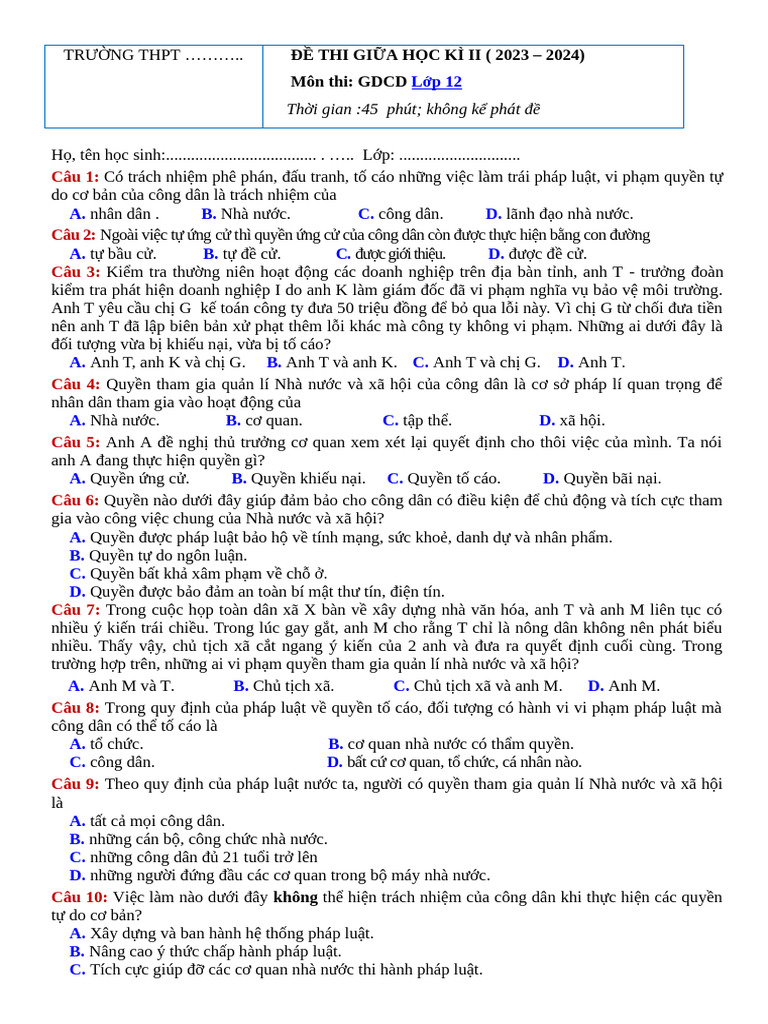 De Thi ghk2 GDCD 12 de 2 | PDF