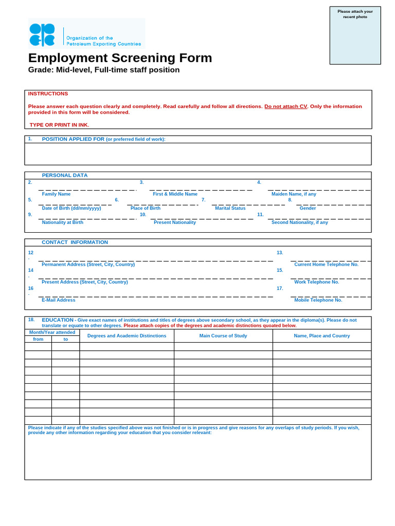 OPEC Employment Screening Form | PDF | Knowledge | Employment