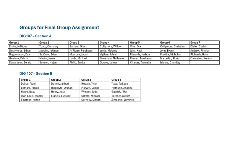 DIG107 Group Assignments List | PDF