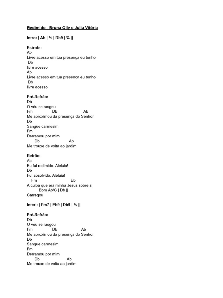 Cifras e Letra: Redimido - Bruna Olly | PDF