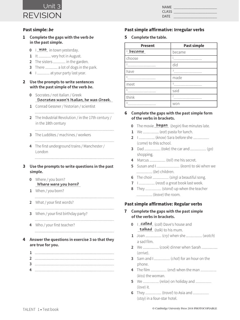 Talent Level 1 Revision Unit 3 | PDF