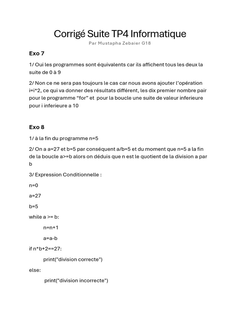 Corrigé TP4 Informatique : Exos 7 et 8 | PDF