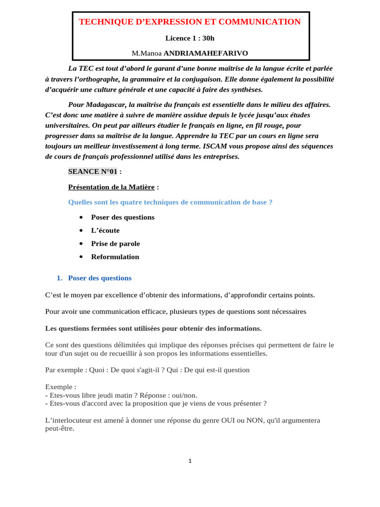 Techniques de Communication Efficaces | PDF | Communication non verbale ...