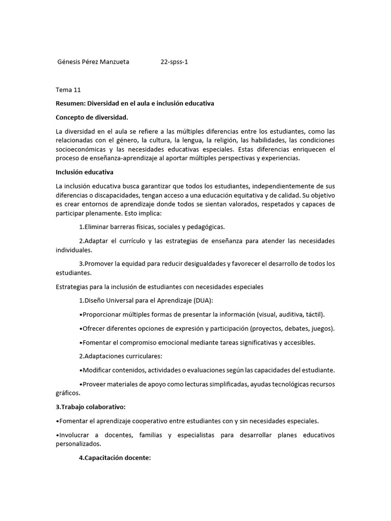 Diversidad e Inclusión Educativa en el Aula | PDF | Inclusión ...