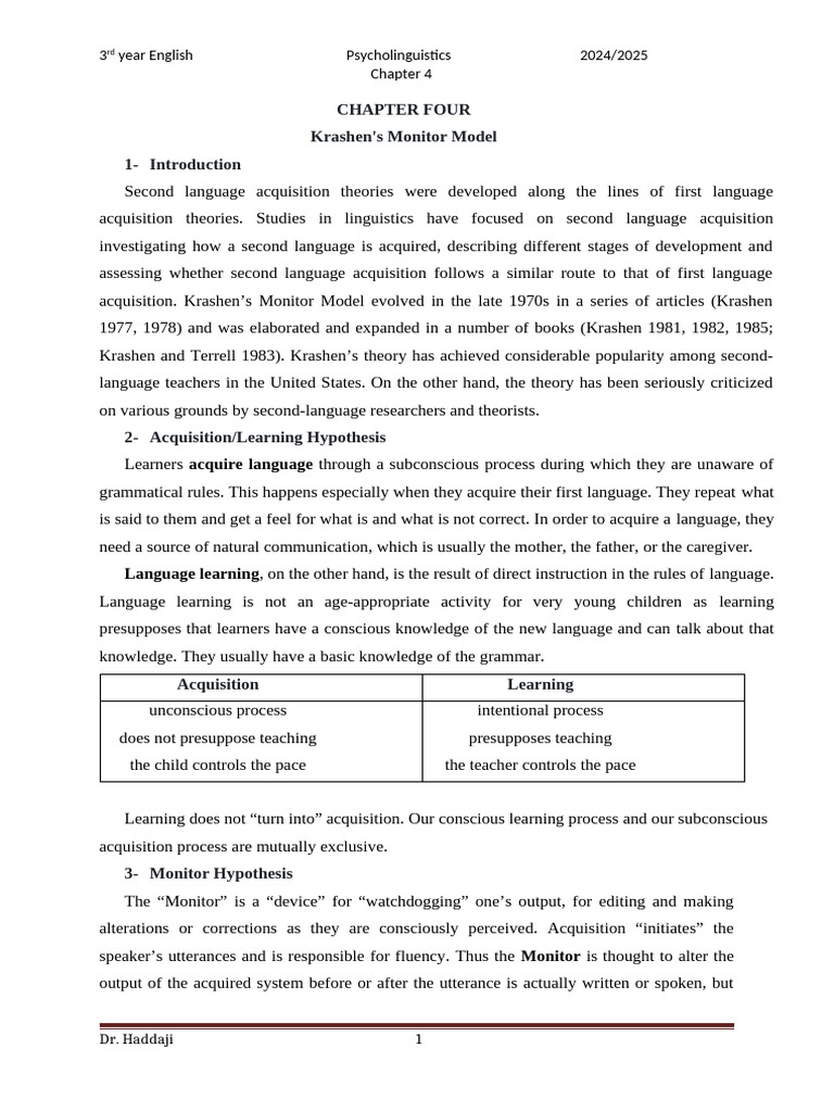 Ch 4 krashens monitor model pdf language acquisition second