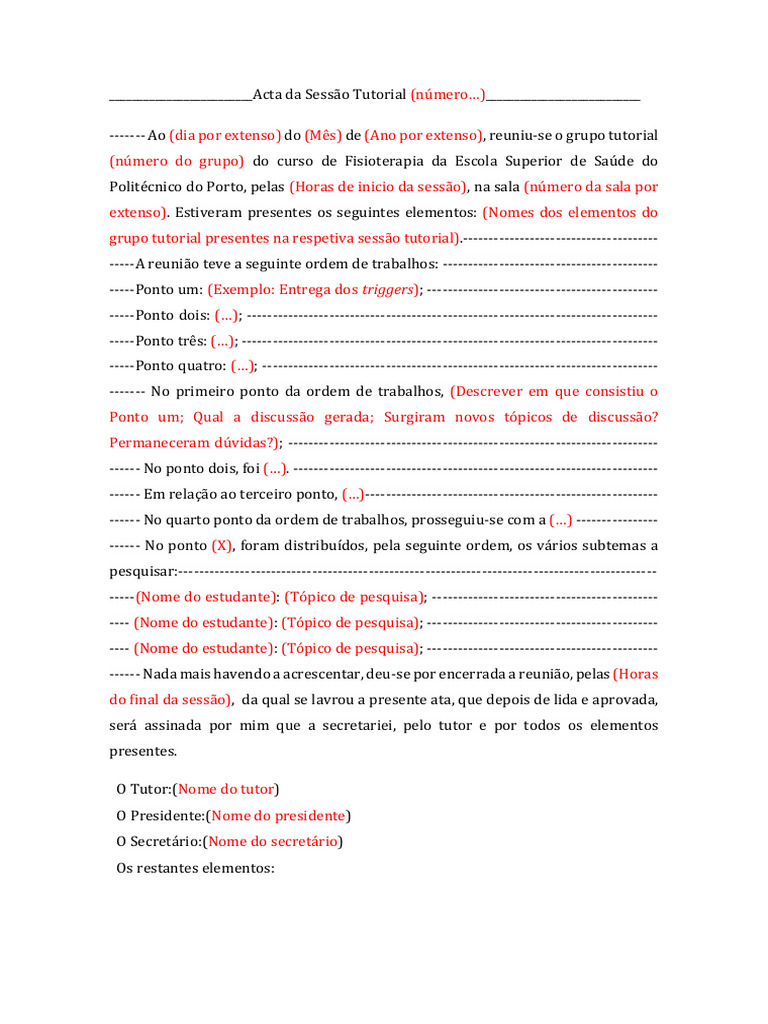 Modelo de Ata de Sessão Tutorial | PDF