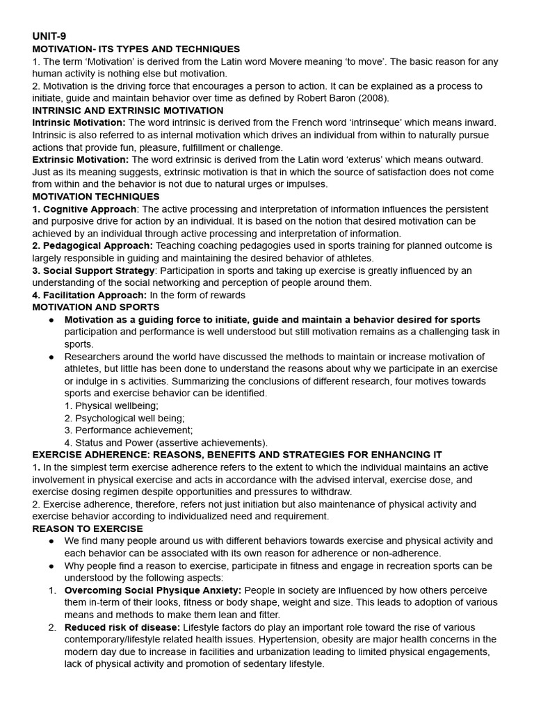 UNIT-9-MOTIVATION AND EXERCISE ADHERENCE | PDF | Motivation | Motivational