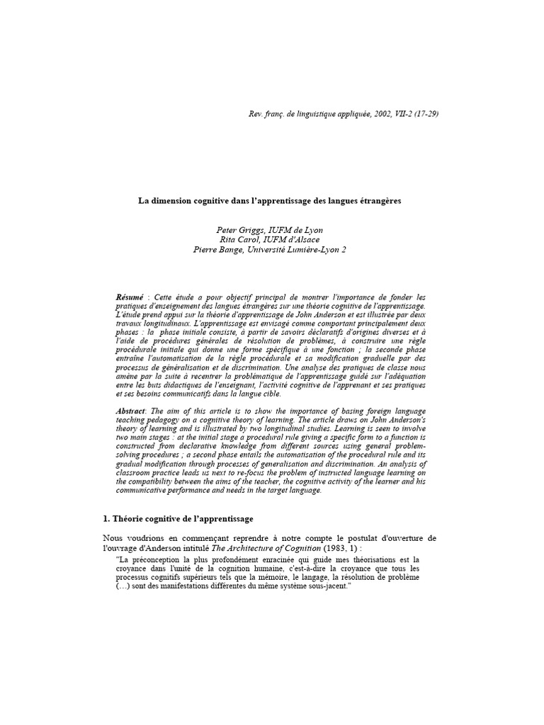La Dimension Cognitive Dans Lapprentissage Des Langues Etrangeres | PDF