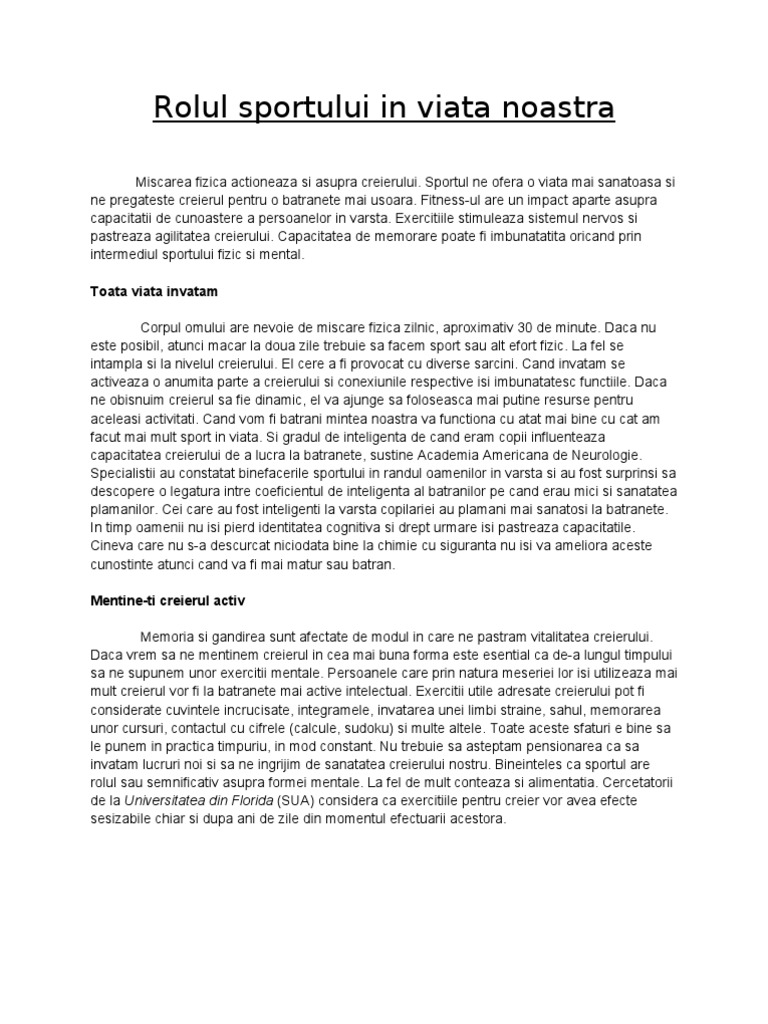 Rolul Sportului In Viata Noastra Pdf