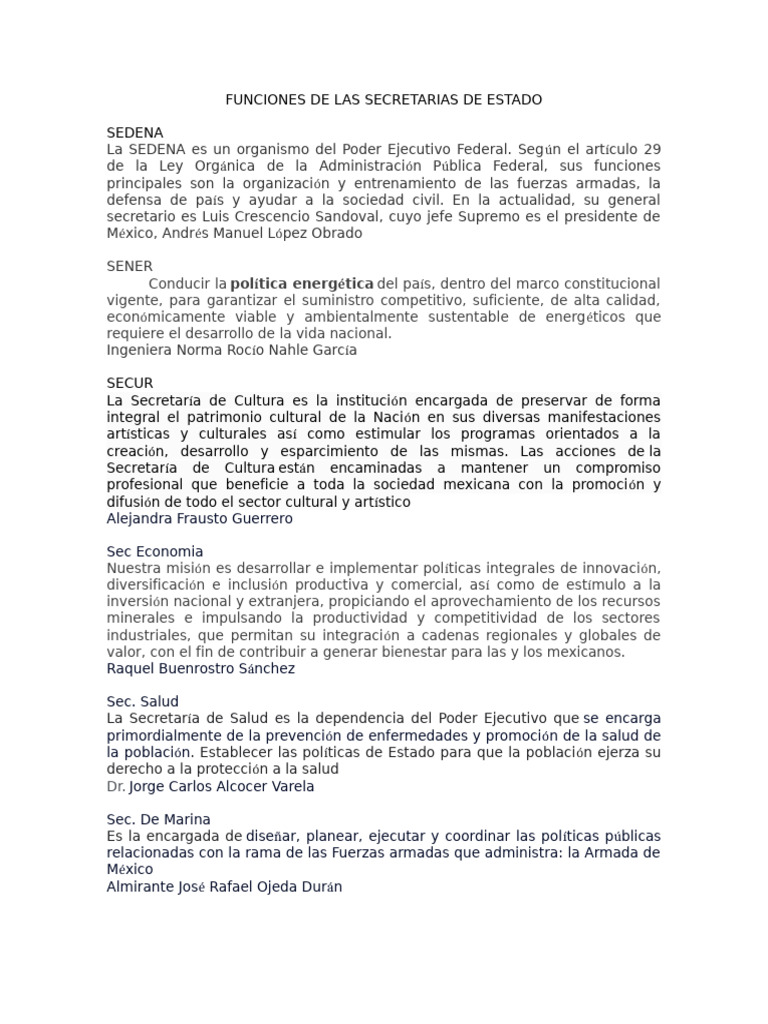 Funciones de Las Secretarias de Estado | PDF | México | Gobierno