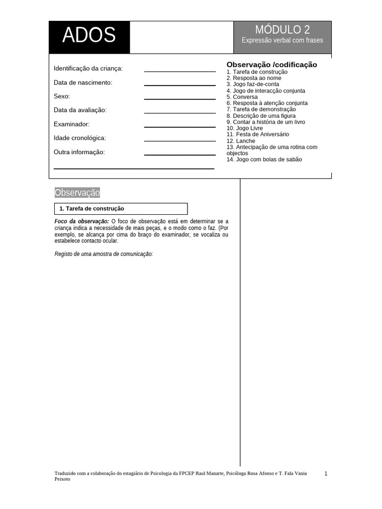 ADOS Módulo 2: Observação Infantil | PDF | Autismo | Brinquedos