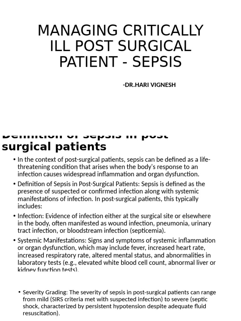 Managing Critically Ill Post Surgical Patient - Sepsis 1 | PDF | Sepsis ...