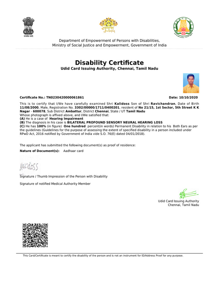 Udid Card for Hearing Impairment in Tamil | PDF
