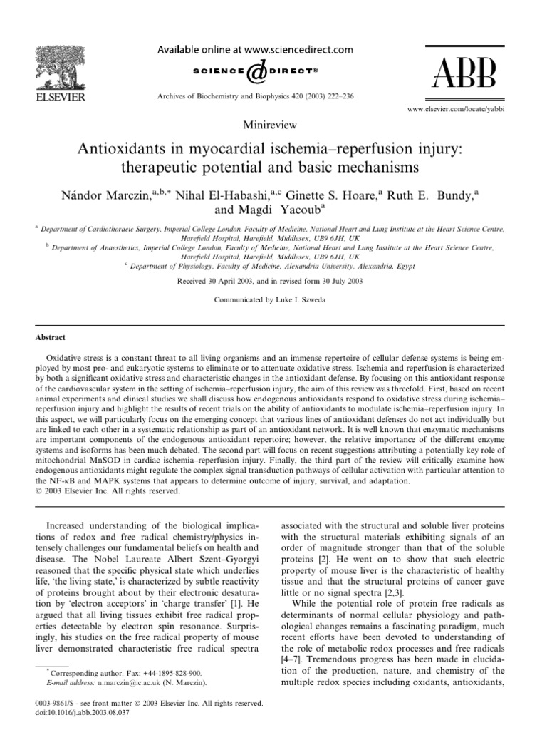 Antioxidants in Myocardial Ischemia-Reperfusion Injury | PDF ...