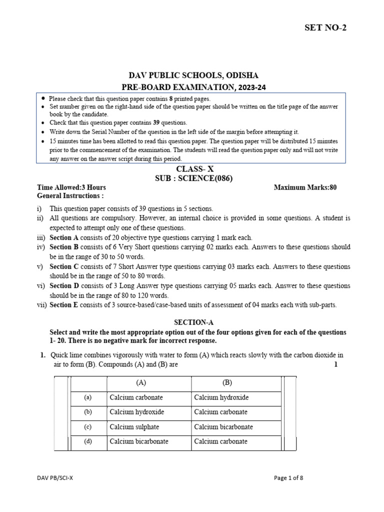 Pre Board QP CLASS - X - 2023-24-SCIENCE-SET-2 | PDF | Oxide | Calcium