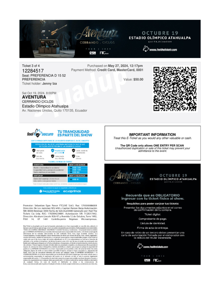 Aventura Concert E-Ticket Details | PDF