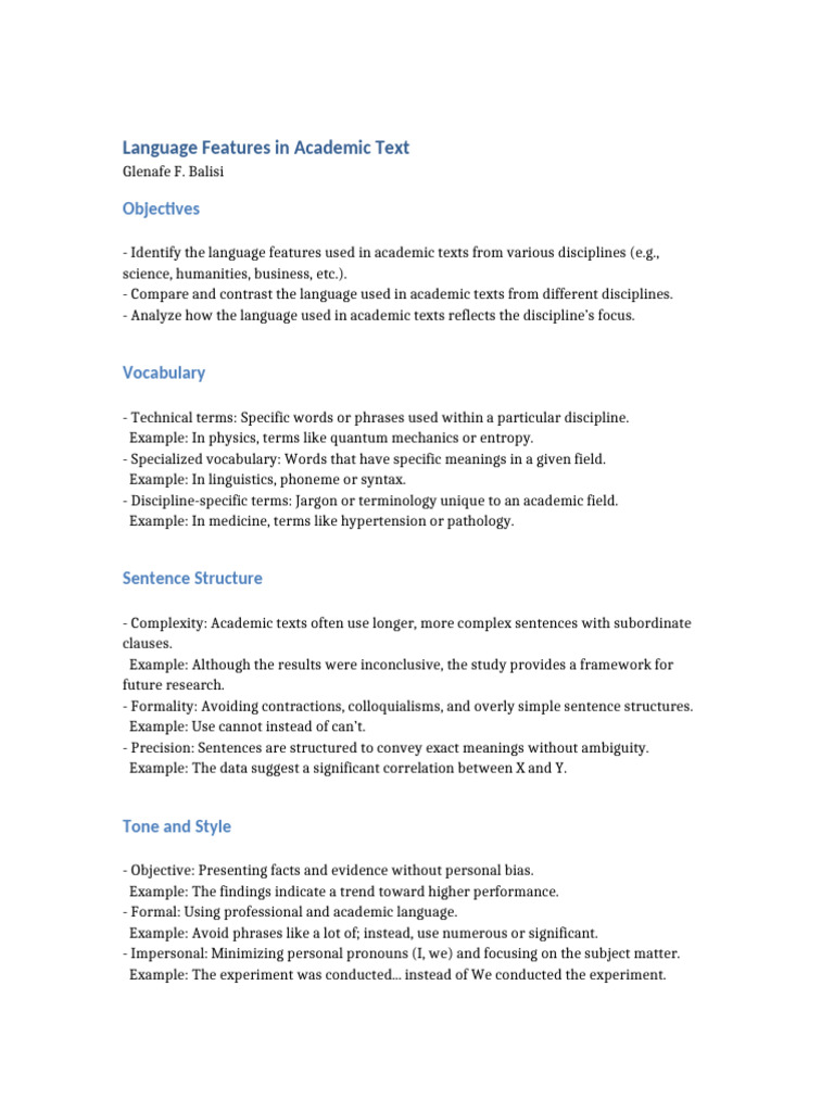 Language Features in Academic Texts | PDF | Jargon | Syntax
