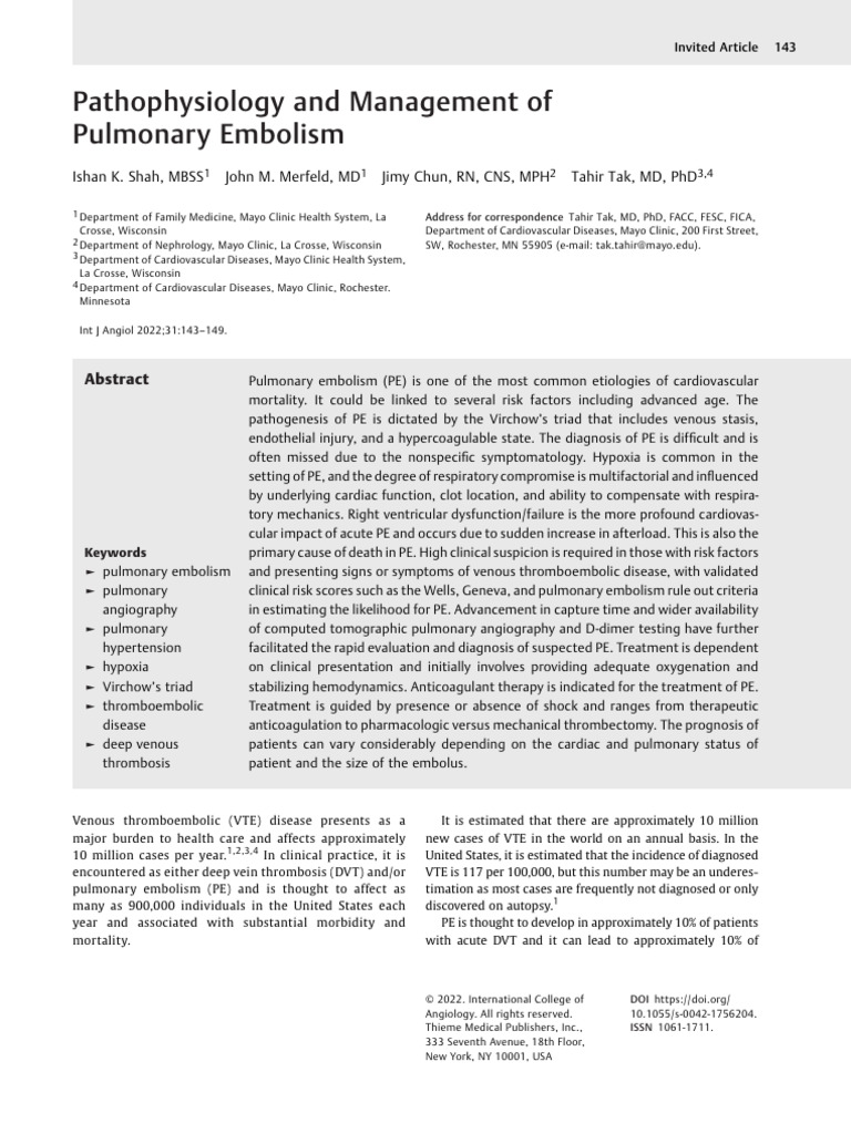 Management of Pulmonary Embolism | PDF | Thrombosis | Medical Specialties