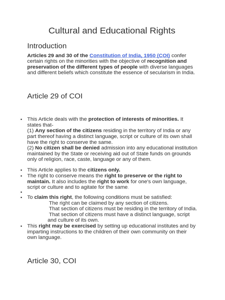 Cultural and Educational Rights (29,30) | PDF | Citizenship | Minority ...