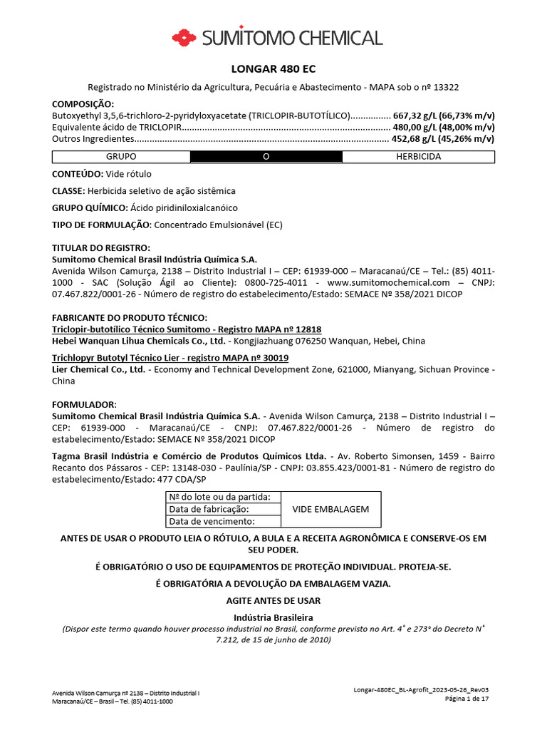 Bula do Herbicida Longar 480 EC | PDF | Agricultura | Nuvem