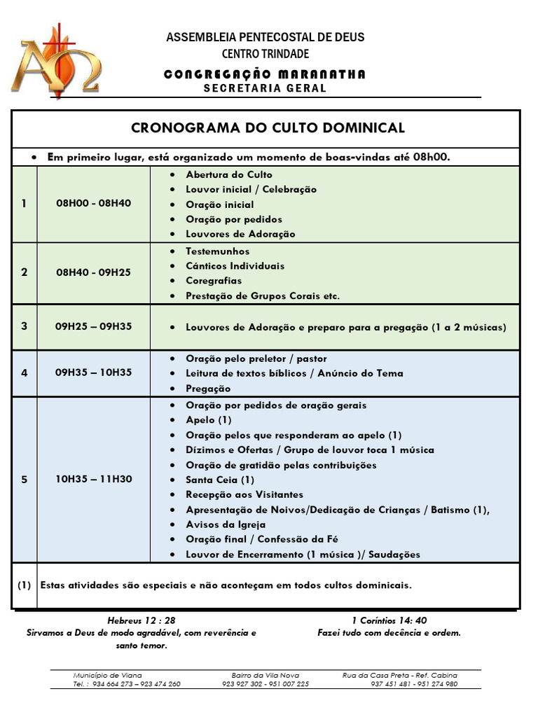 Cronograma do Culto Dominical da Maranatha | PDF | Oração
